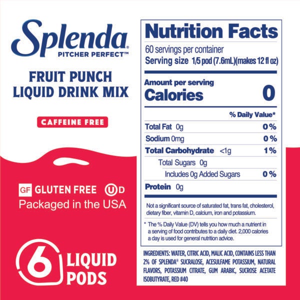 Splenda Pitcher Perfect Mezcla de Bebidas sin Azúcar, Refresco de Frutas, Información nutricional
