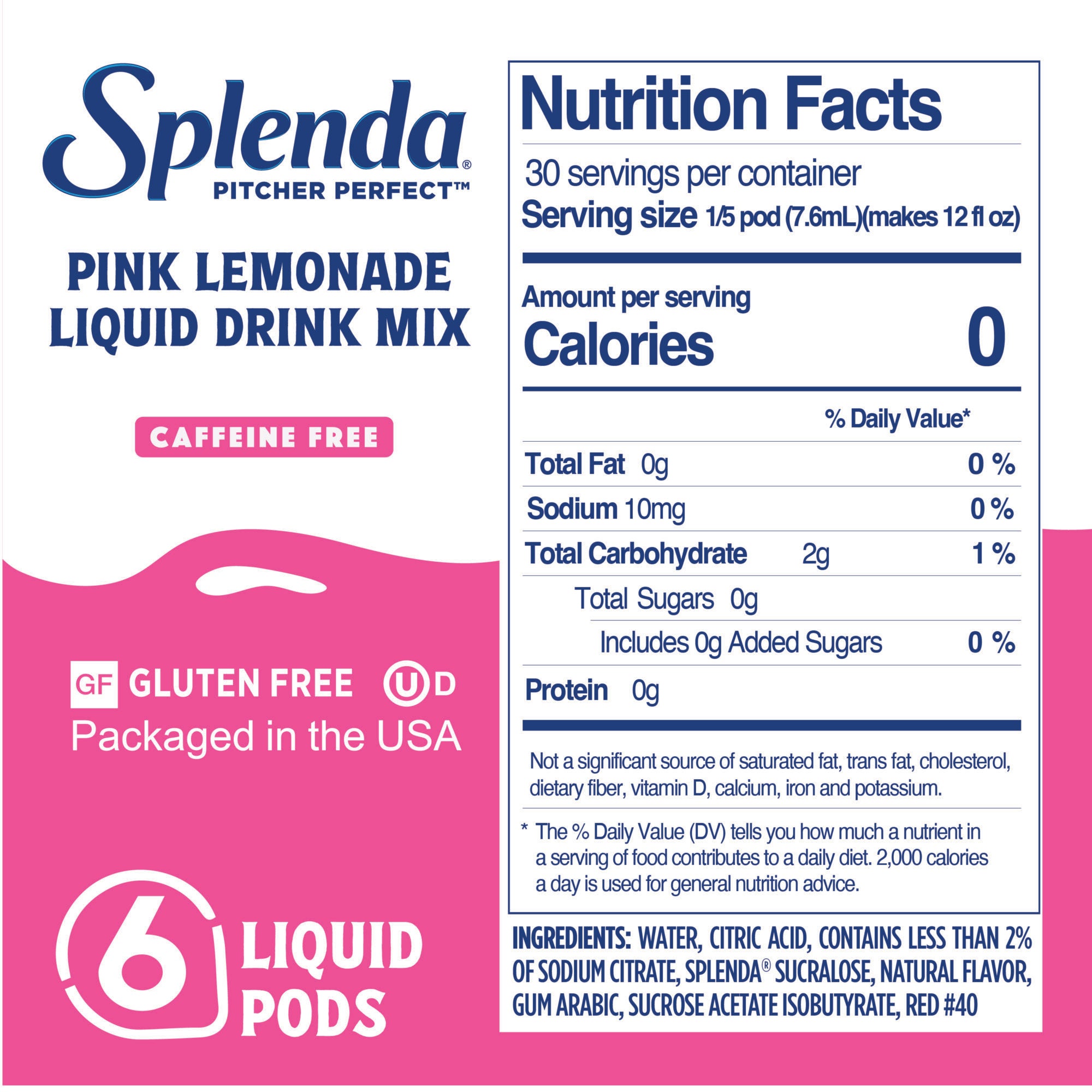 Splenda Pitcher Perfect Mezcla de Bebidas sin Azúcar, Limonada Rosa, información nutricional